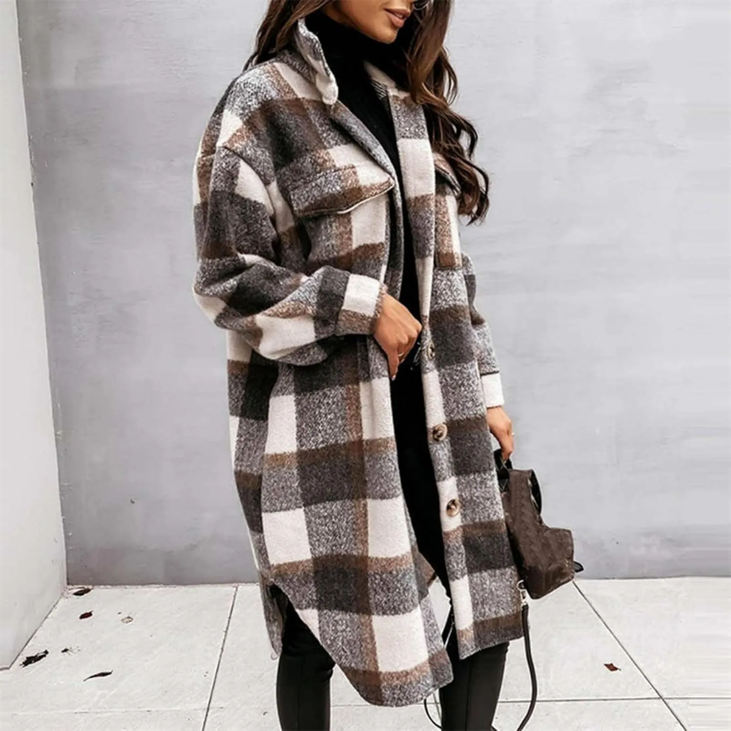 Womens Long Flannel Coats Plaid Shacke Oversuits Long Sleeves Suit Collar Casual Button Down Loose Trendy Jackets