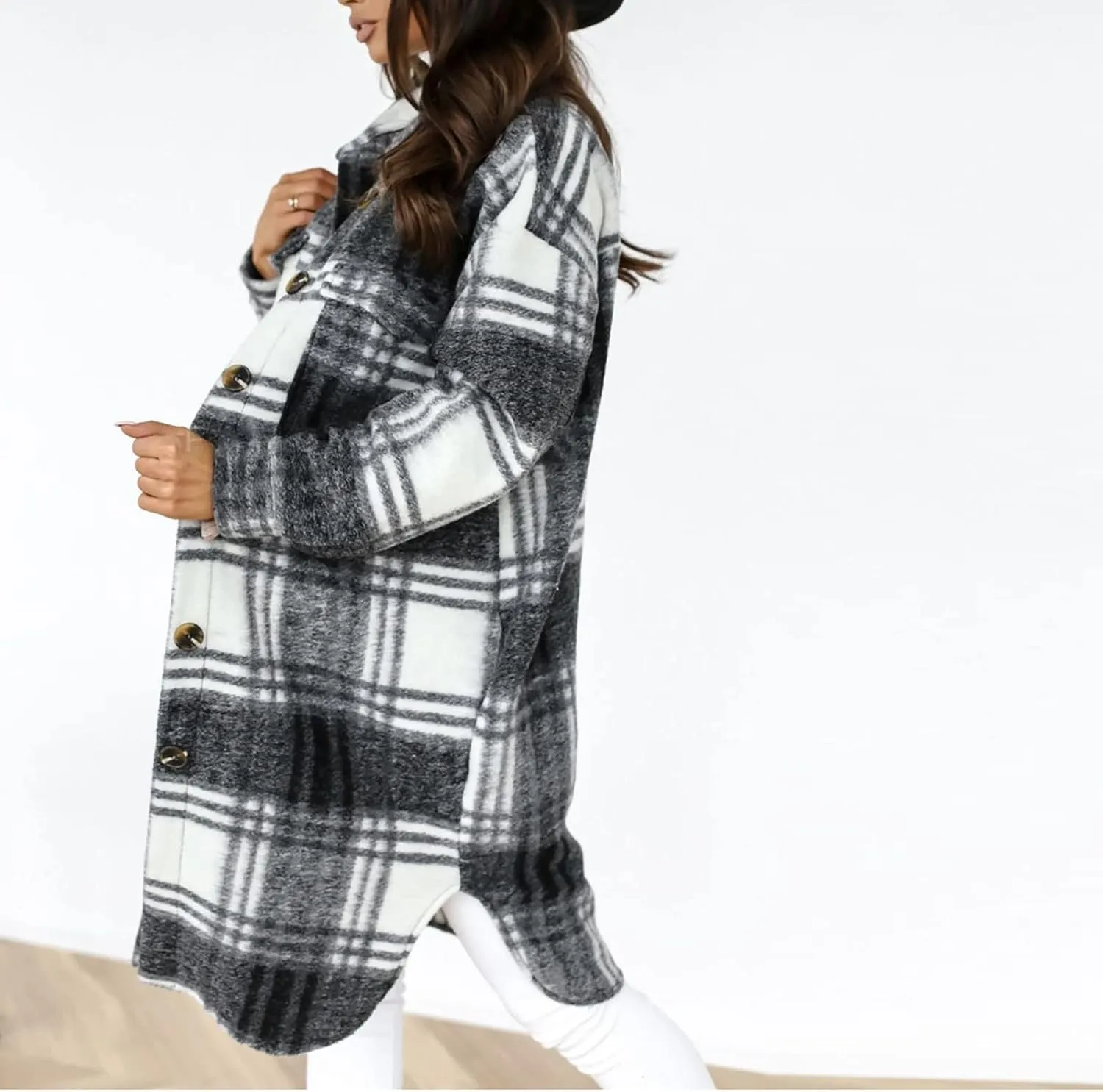 Women's Long Flannel Plaid Jacket Shacket Cozy Lapel Button Down Shirt Outerwear Casual Warm Fuzzy Trench Coat