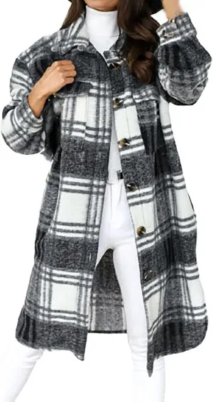 Women's Long Flannel Plaid Jacket Shacket Cozy Lapel Button Down Shirt Outerwear Casual Warm Fuzzy Trench Coat