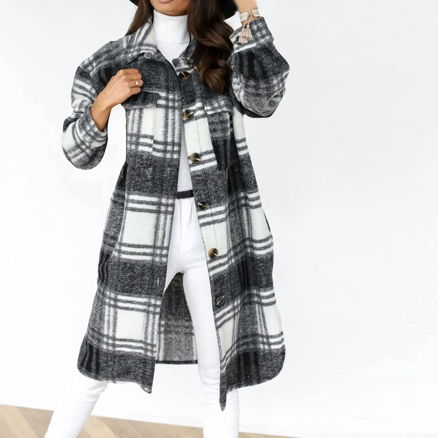 Women's Long Flannel Plaid Jacket Shacket Cozy Lapel Button Down Shirt Outerwear Casual Warm Fuzzy Trench Coat
