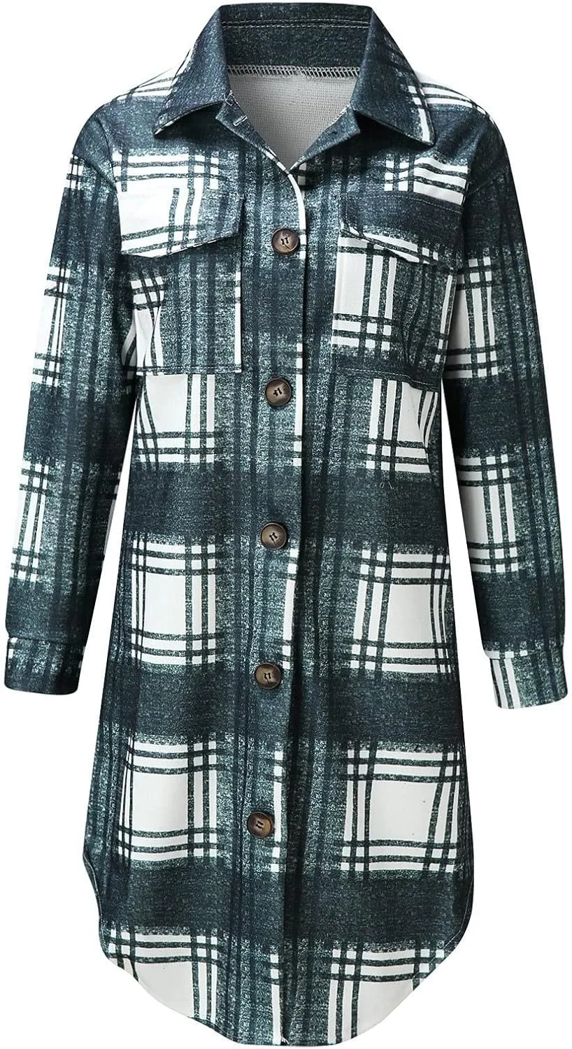 Women's Long Flannel Plaid Jacket Shacket Cozy Lapel Button Down Shirt Outerwear Casual Warm Fuzzy Trench Coat
