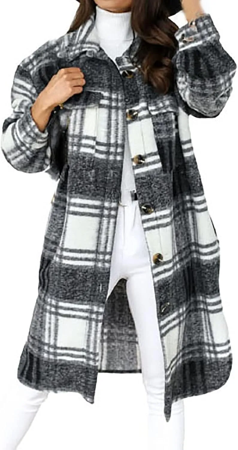 Women's Long Flannel Plaid Jacket Shacket Cozy Lapel Button Down Shirt Outerwear Casual Warm Fuzzy Trench Coat