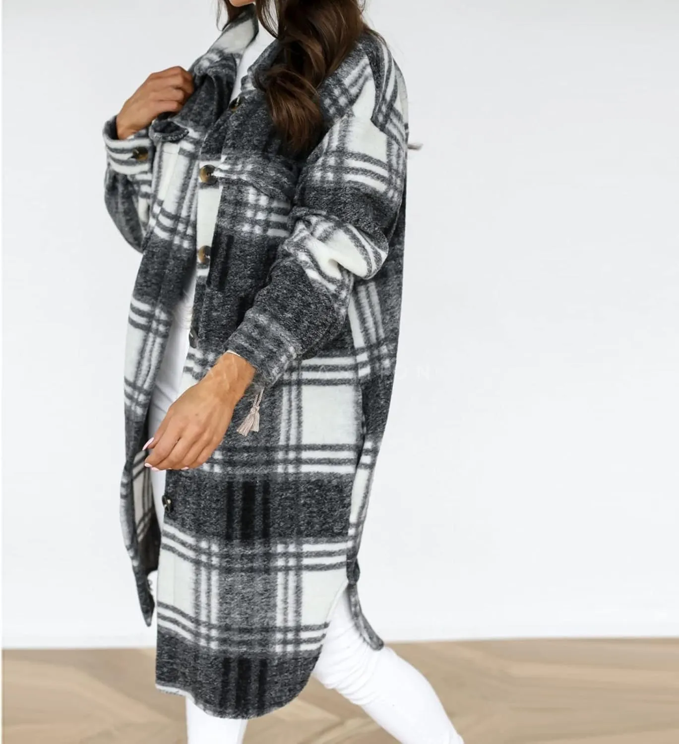 Women's Long Flannel Plaid Jacket Shacket Cozy Lapel Button Down Shirt Outerwear Casual Warm Fuzzy Trench Coat