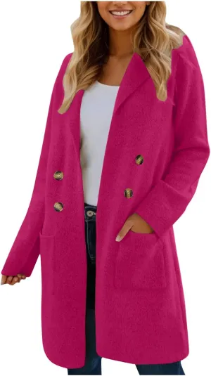Womens Long Pea Coat Notch Collar Wool Coats Double Breasted Overcoat Open Front Cardigan Jackets Casual Winter Coats