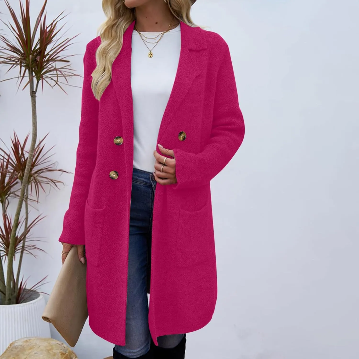 Womens Long Pea Coat Notch Collar Wool Coats Double Breasted Overcoat Open Front Cardigan Jackets Casual Winter Coats