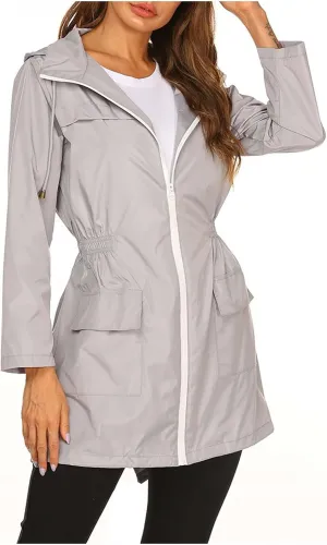Women's Long Raincoat Waterproof Lightweight Tunic Trench Coat Activity Outdoor Windbreaker Hooded with Pockets