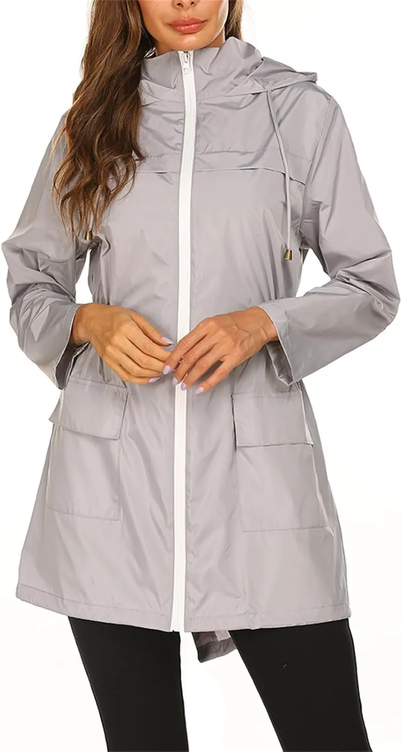 Women's Long Raincoat Waterproof Lightweight Tunic Trench Coat Activity Outdoor Windbreaker Hooded with Pockets