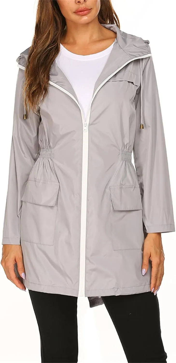 Women's Long Raincoat Waterproof Lightweight Tunic Trench Coat Activity Outdoor Windbreaker Hooded with Pockets