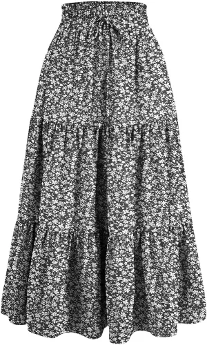 Women's Maxi Skirt 2025 Casual Loose Trendy Elastic Waist Floral Print Bohemian Sun A-Line Beach Skirts, S-XL