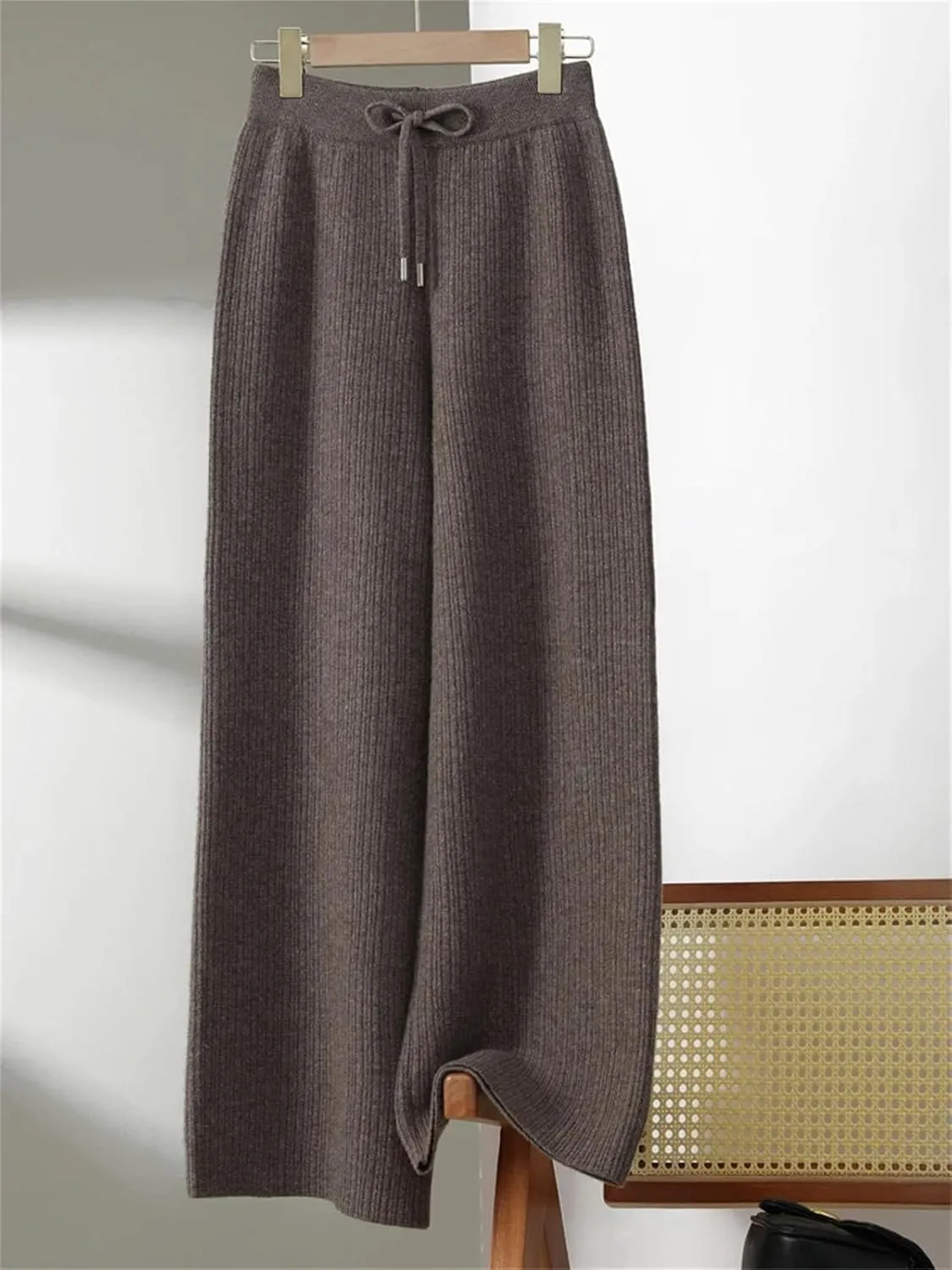 Women’s Merino Wool Jacquard Knit Wide-Leg Pants Year-Round Minimalist Casual Trousers