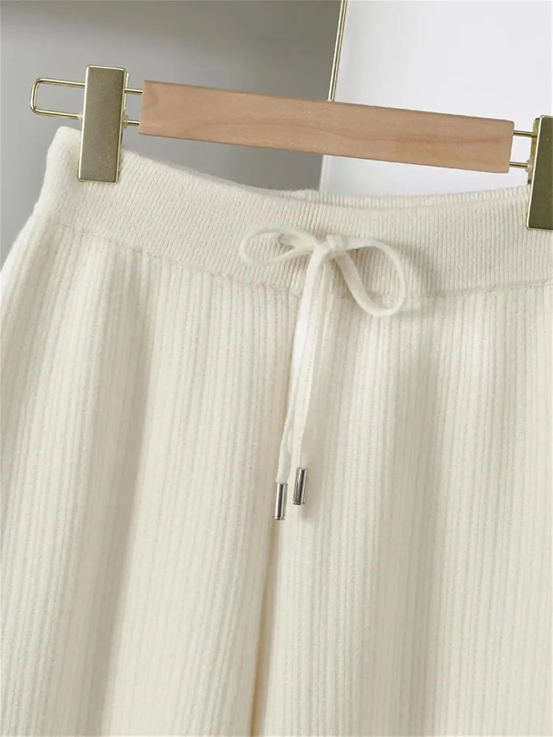 Women’s Merino Wool Jacquard Knit Wide-Leg Pants Year-Round Minimalist Casual Trousers