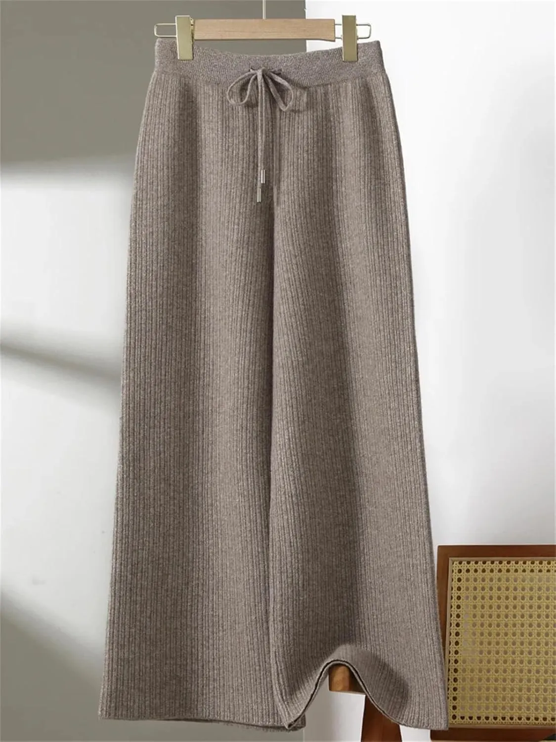 Women’s Merino Wool Jacquard Knit Wide-Leg Pants Year-Round Minimalist Casual Trousers