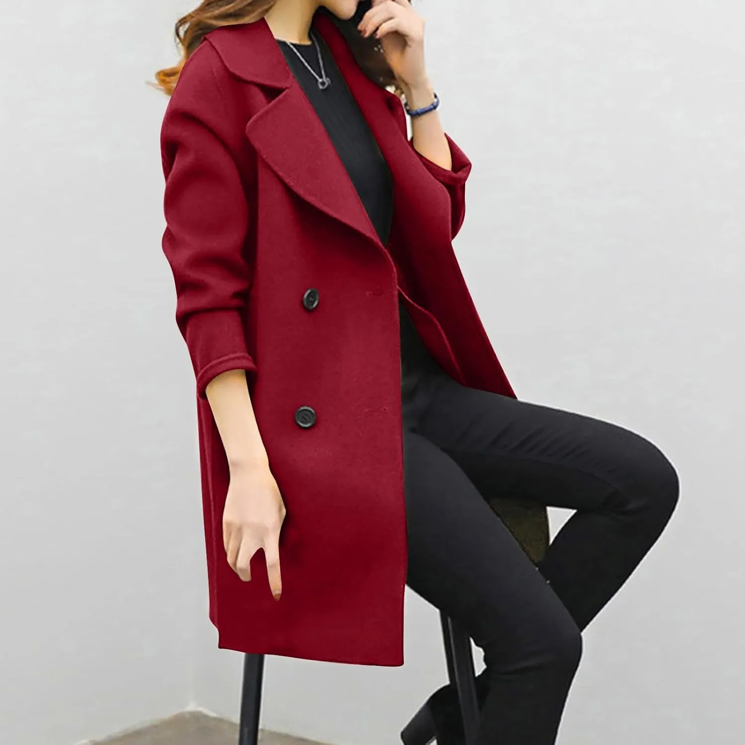 Womens Mid Long Wool Pea Coats Winter Elegant Double Breasted Coat Side Split Overcoat Slim Fit Work Office Pea Coats