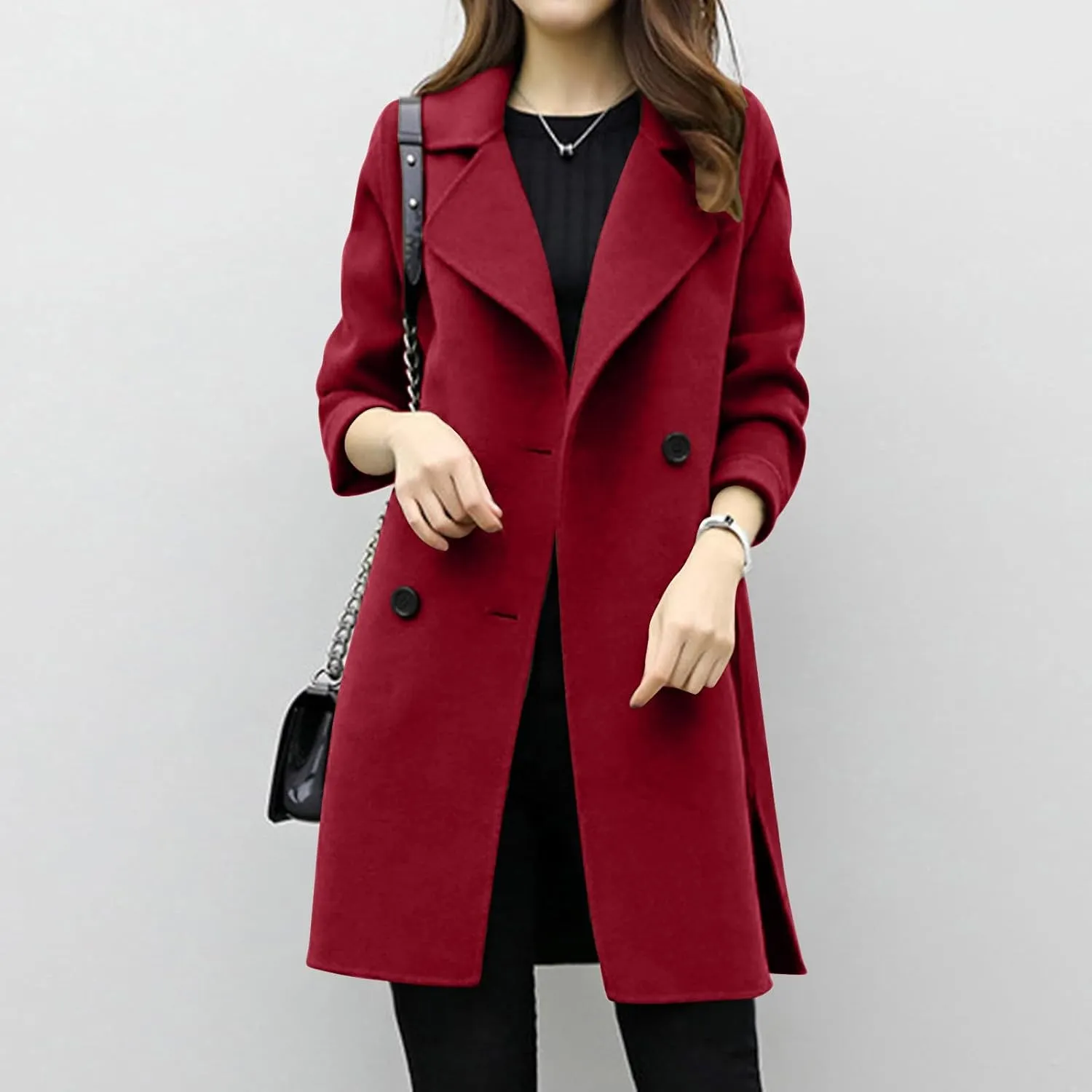 Womens Mid Long Wool Pea Coats Winter Elegant Double Breasted Coat Side Split Overcoat Slim Fit Work Office Pea Coats