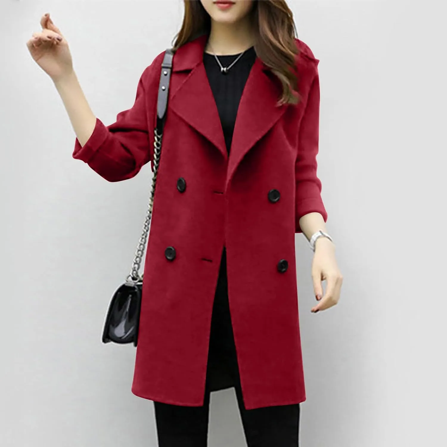 Womens Mid Long Wool Pea Coats Winter Elegant Double Breasted Coat Side Split Overcoat Slim Fit Work Office Pea Coats
