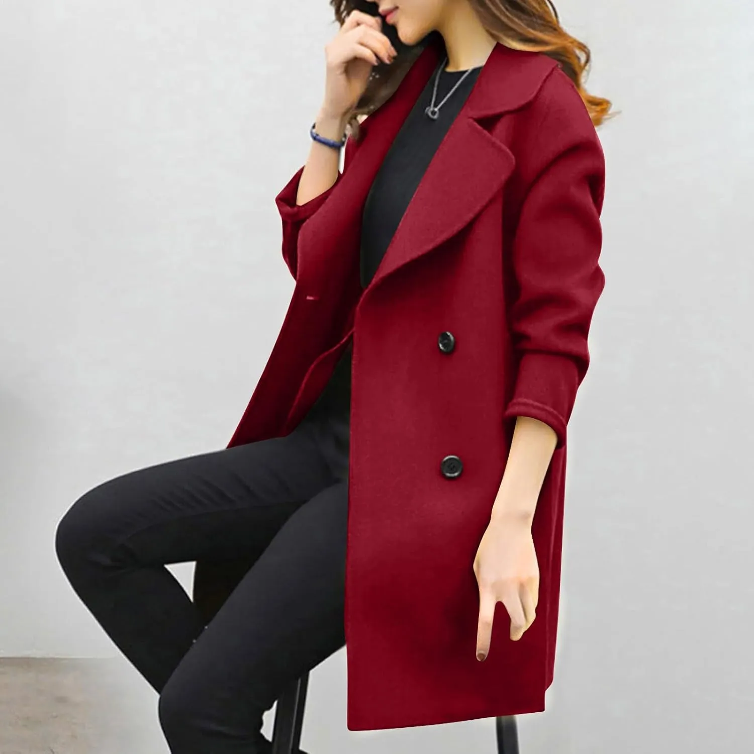 Womens Mid Long Wool Pea Coats Winter Elegant Double Breasted Coat Side Split Overcoat Slim Fit Work Office Pea Coats