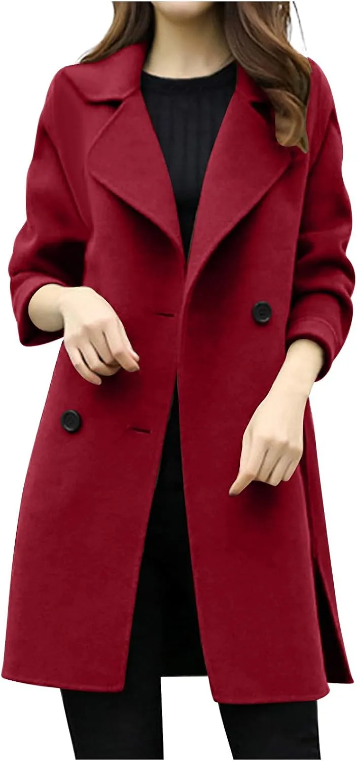 Womens Mid Long Wool Pea Coats Winter Elegant Double Breasted Coat Side Split Overcoat Slim Fit Work Office Pea Coats