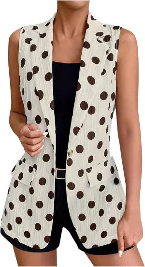 Women's Open Front Blazers Sleeveless Office Work Business Casual Lightweight Classic Polka Dot Summer Suit Blazer
