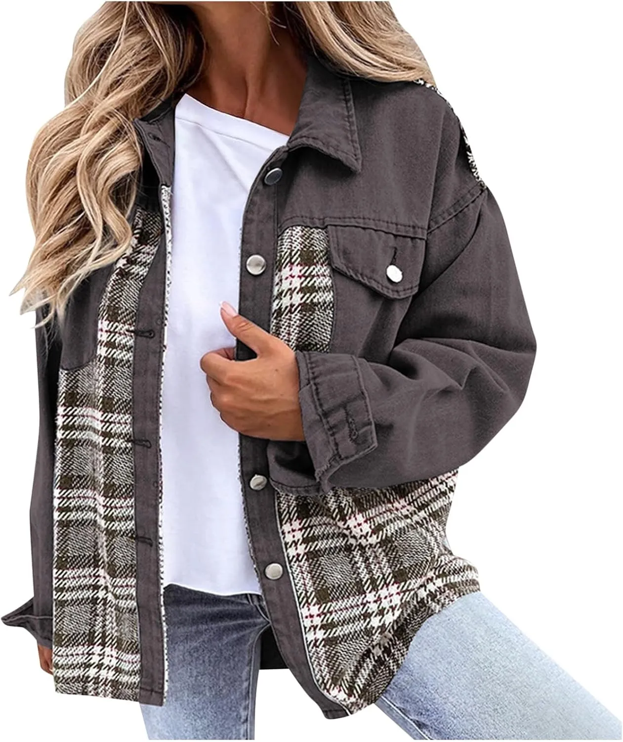 Womens Oversized Denim Jacket Plaid Shacket Casual Long Sleeve Button Down Plaid Shacket Boyfriend Pocket Jean Jacket