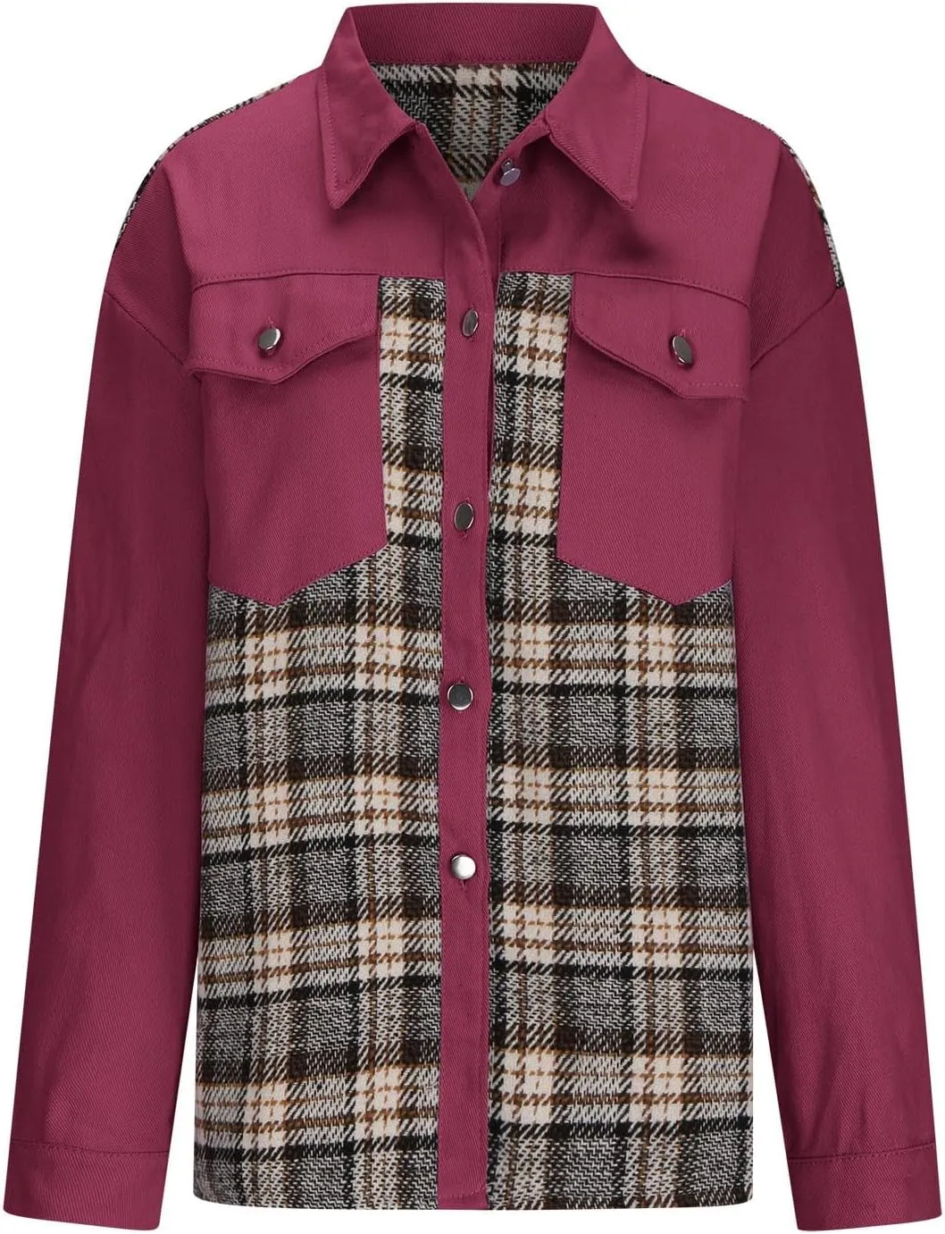 Womens Oversized Denim Jacket Plaid Shacket Casual Long Sleeve Button Down Plaid Shacket Boyfriend Pocket Jean Jacket
