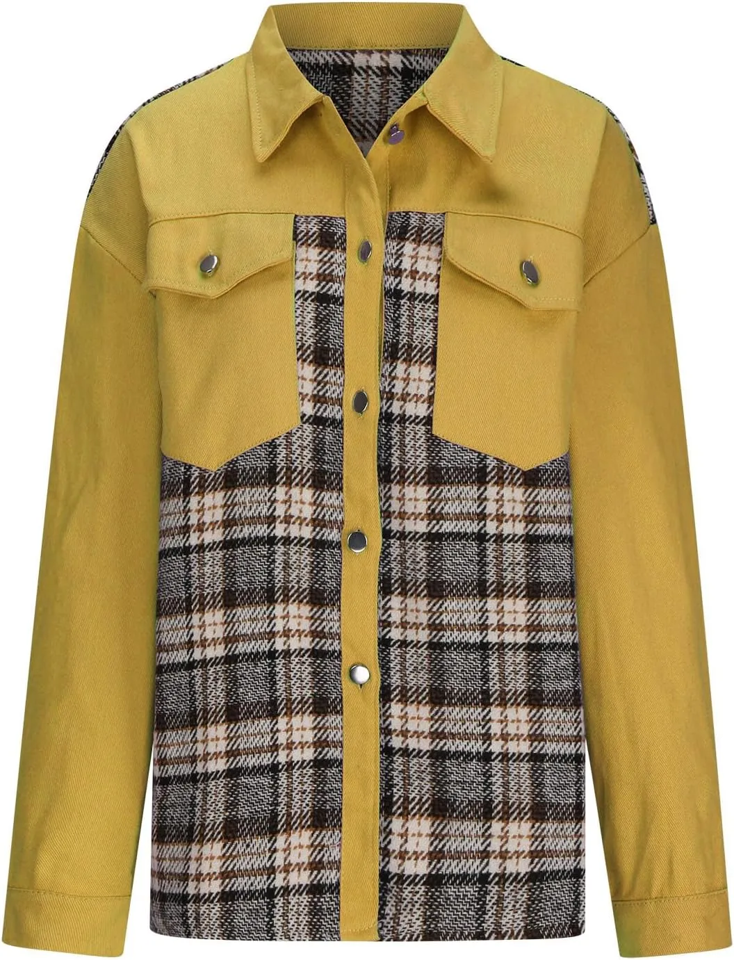 Womens Oversized Denim Jacket Plaid Shacket Casual Long Sleeve Button Down Plaid Shacket Boyfriend Pocket Jean Jacket