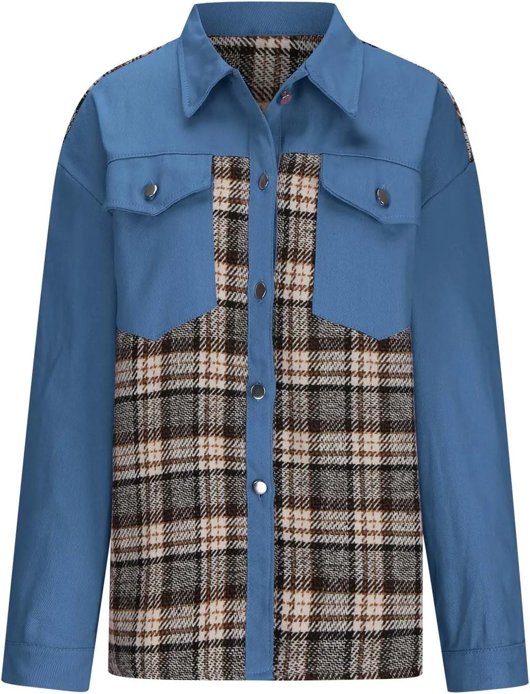 Womens Oversized Denim Jacket Plaid Shacket Casual Long Sleeve Button Down Plaid Shacket Boyfriend Pocket Jean Jacket