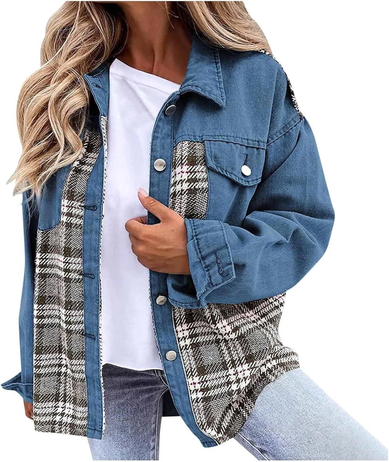 Womens Oversized Denim Jacket Plaid Shacket Casual Long Sleeve Button Down Plaid Shacket Boyfriend Pocket Jean Jacket