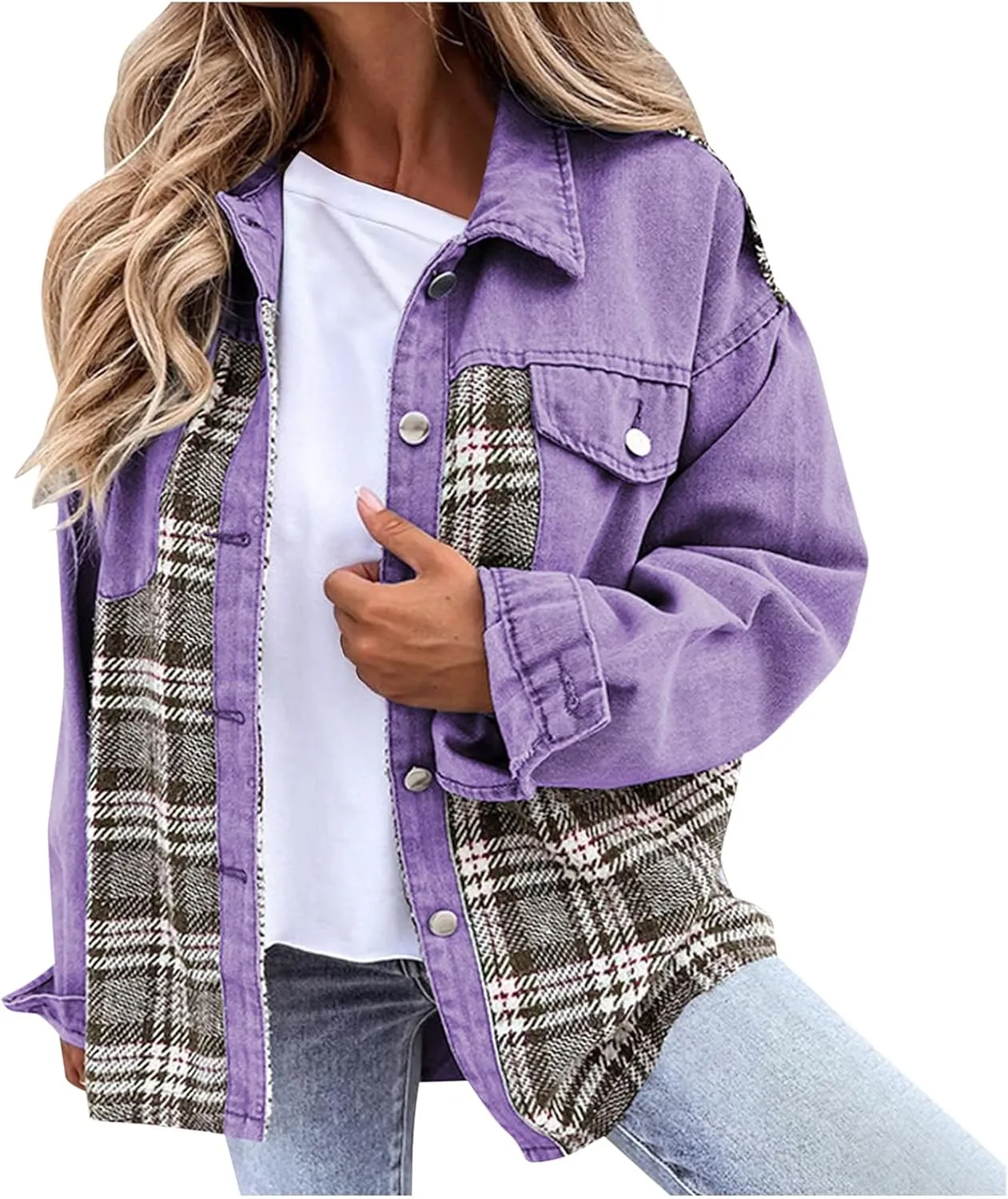 Womens Oversized Denim Jacket Plaid Shacket Casual Long Sleeve Button Down Plaid Shacket Boyfriend Pocket Jean Jacket