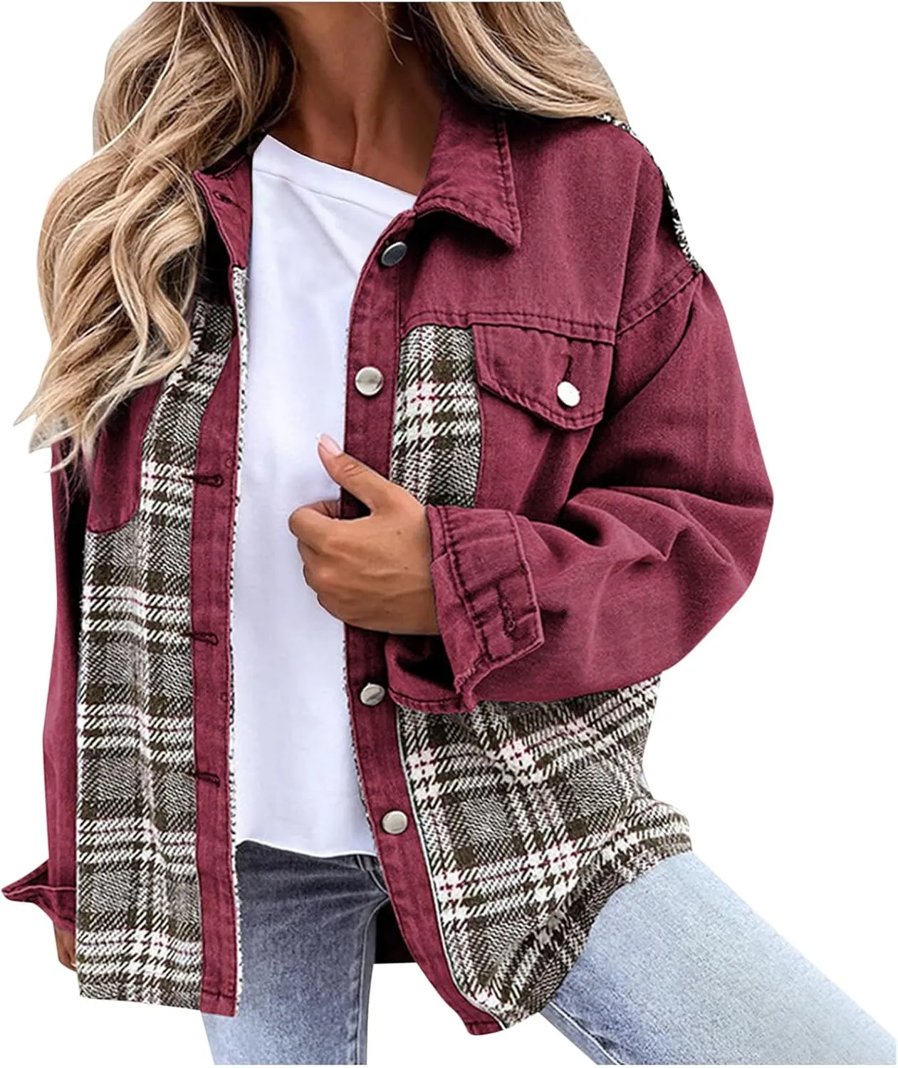 Womens Oversized Denim Jacket Plaid Shacket Casual Long Sleeve Button Down Plaid Shacket Boyfriend Pocket Jean Jacket