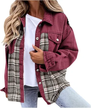 Womens Oversized Denim Jacket Plaid Shacket Casual Long Sleeve Button Down Plaid Shacket Boyfriend Pocket Jean Jacket