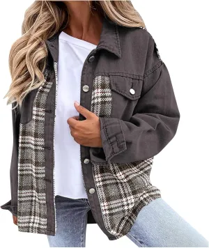Womens Oversized Denim Jacket Plaid Shacket Casual Long Sleeve Button Down Plaid Shacket Boyfriend Pocket Jean Jacket