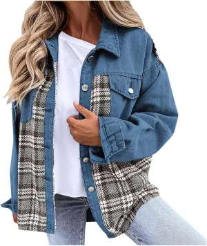 Womens Oversized Denim Jacket Plaid Shacket Casual Long Sleeve Button Down Plaid Shacket Boyfriend Pocket Jean Jacket