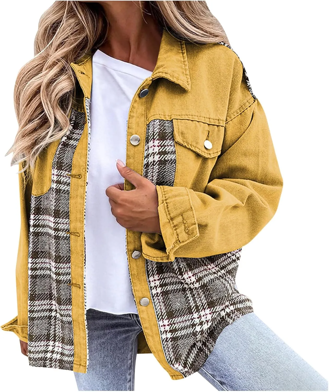 Womens Oversized Denim Jacket Plaid Shacket Casual Long Sleeve Button Down Plaid Shacket Boyfriend Pocket Jean Jacket