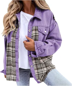 Womens Oversized Denim Jacket Plaid Shacket Casual Long Sleeve Button Down Plaid Shacket Boyfriend Pocket Jean Jacket