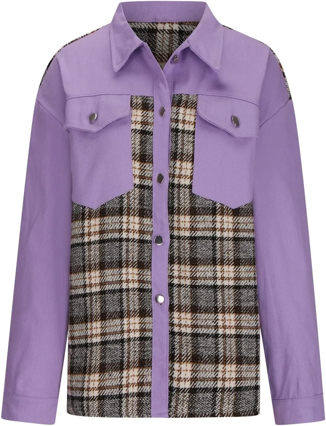 Womens Oversized Denim Jacket Plaid Shacket Casual Long Sleeve Button Down Plaid Shacket Boyfriend Pocket Jean Jacket