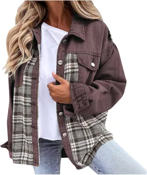 Womens Oversized Denim Jacket Plaid Shacket Casual Long Sleeve Button Down Plaid Shacket Boyfriend Pocket Jean Jacket