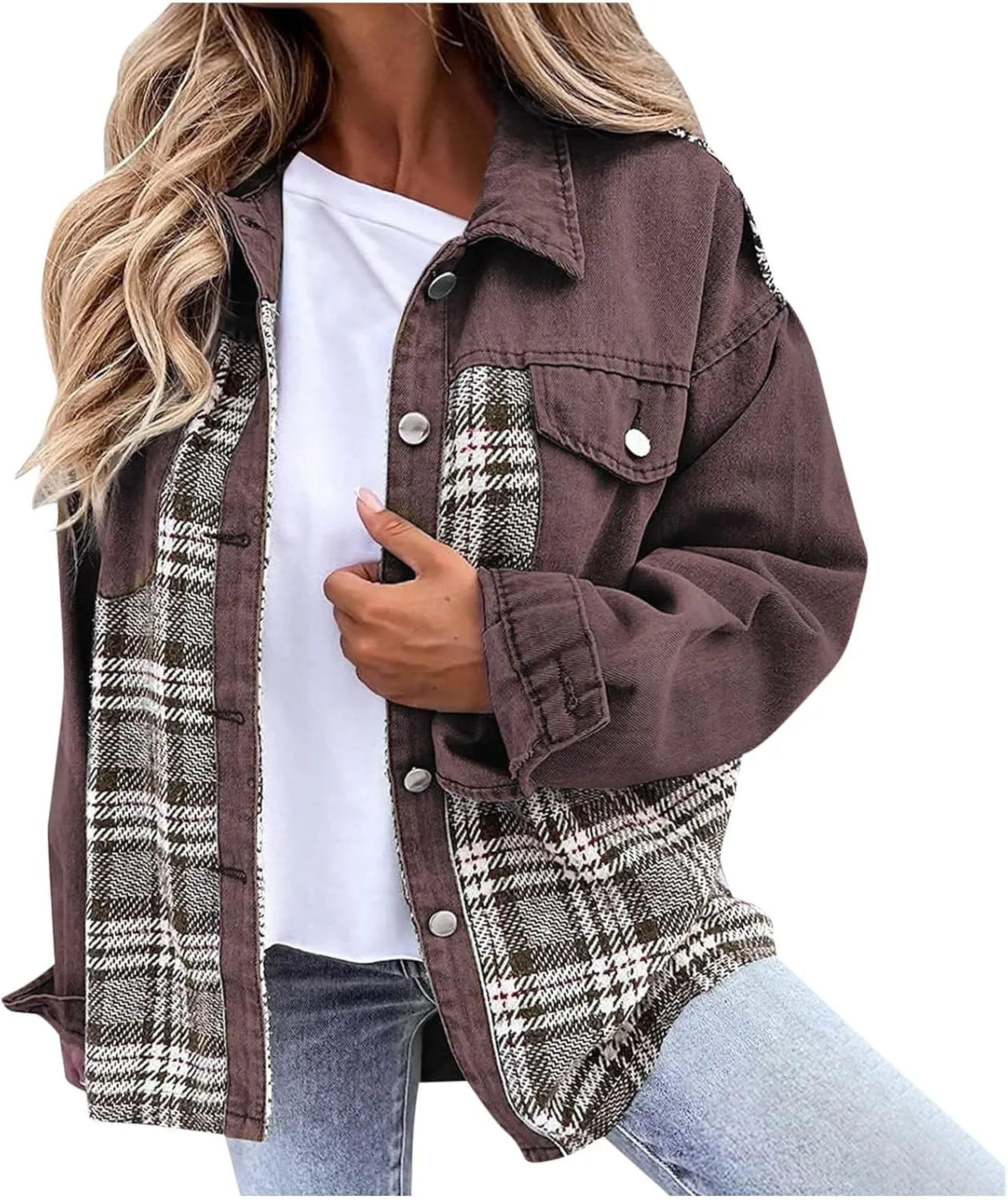 Womens Oversized Denim Jacket Plaid Shacket Casual Long Sleeve Button Down Plaid Shacket Boyfriend Pocket Jean Jacket