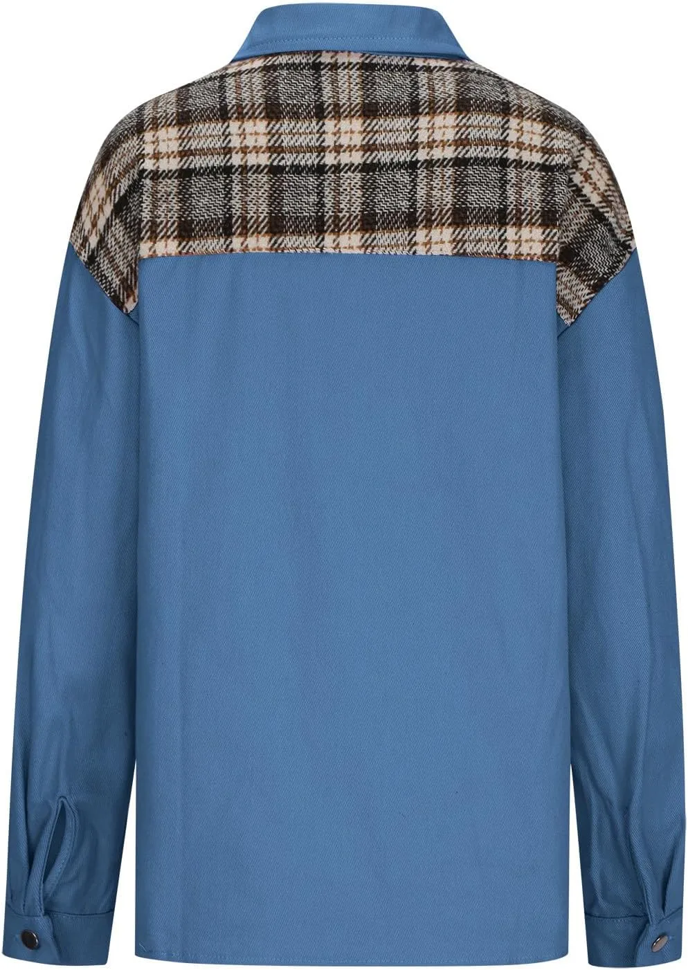 Womens Oversized Denim Jacket Plaid Shacket Casual Long Sleeve Button Down Plaid Shacket Boyfriend Pocket Jean Jacket
