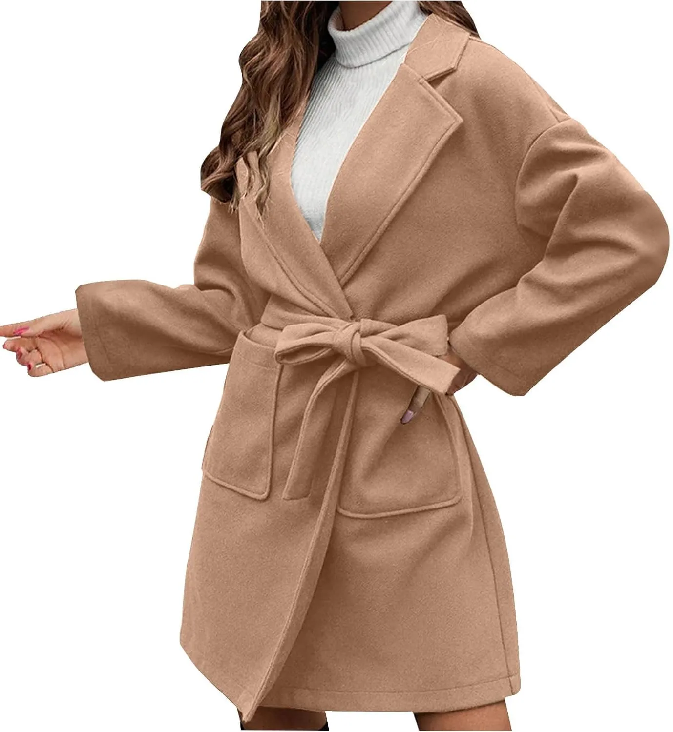 Women's Oversized Long Sleeve Tie Belt Wrap Coats Notched Lapel Loose Fit Trench Coats Warm Overcoat with Pockets