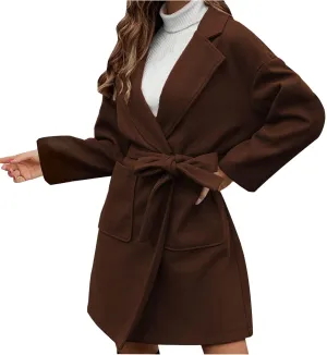 Women's Oversized Long Sleeve Tie Belt Wrap Coats Notched Lapel Loose Fit Trench Coats Warm Overcoat with Pockets