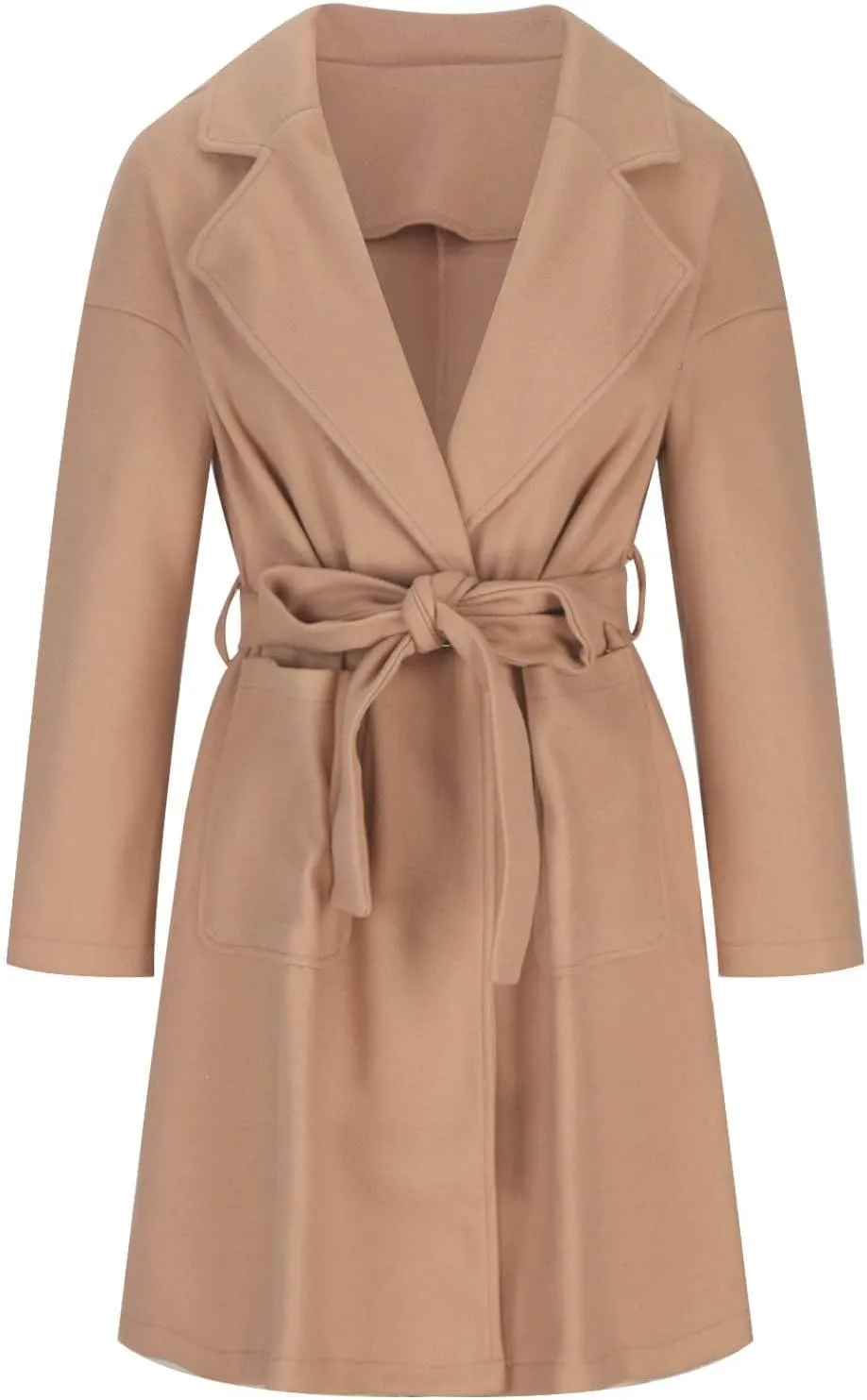 Women's Oversized Long Sleeve Tie Belt Wrap Coats Notched Lapel Loose Fit Trench Coats Warm Overcoat with Pockets
