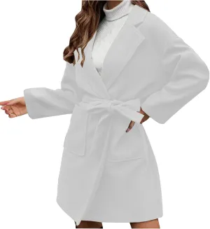 Women's Oversized Long Sleeve Tie Belt Wrap Coats Notched Lapel Loose Fit Trench Coats Warm Overcoat with Pockets