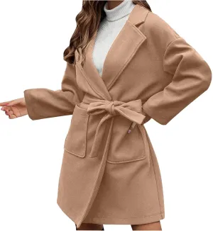 Women's Oversized Long Sleeve Tie Belt Wrap Coats Notched Lapel Loose Fit Trench Coats Warm Overcoat with Pockets