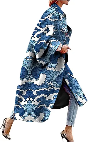 Womens Oversized Trench Coat Fall Winter Trendy Loose Fit Overcoat Bell Sleeve Casual Notch Collar Printed Long Coat