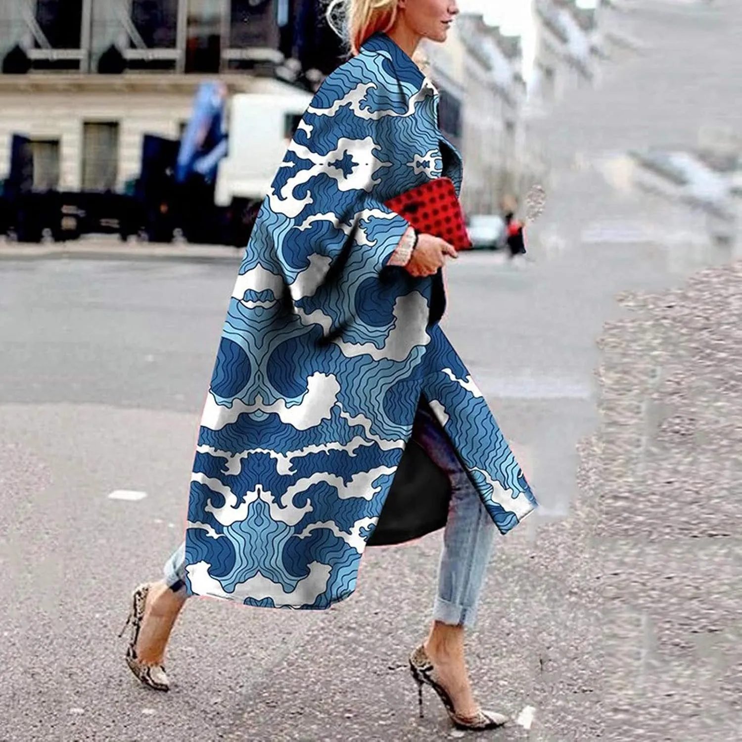 Womens Oversized Trench Coat Fall Winter Trendy Loose Fit Overcoat Bell Sleeve Casual Notch Collar Printed Long Coat