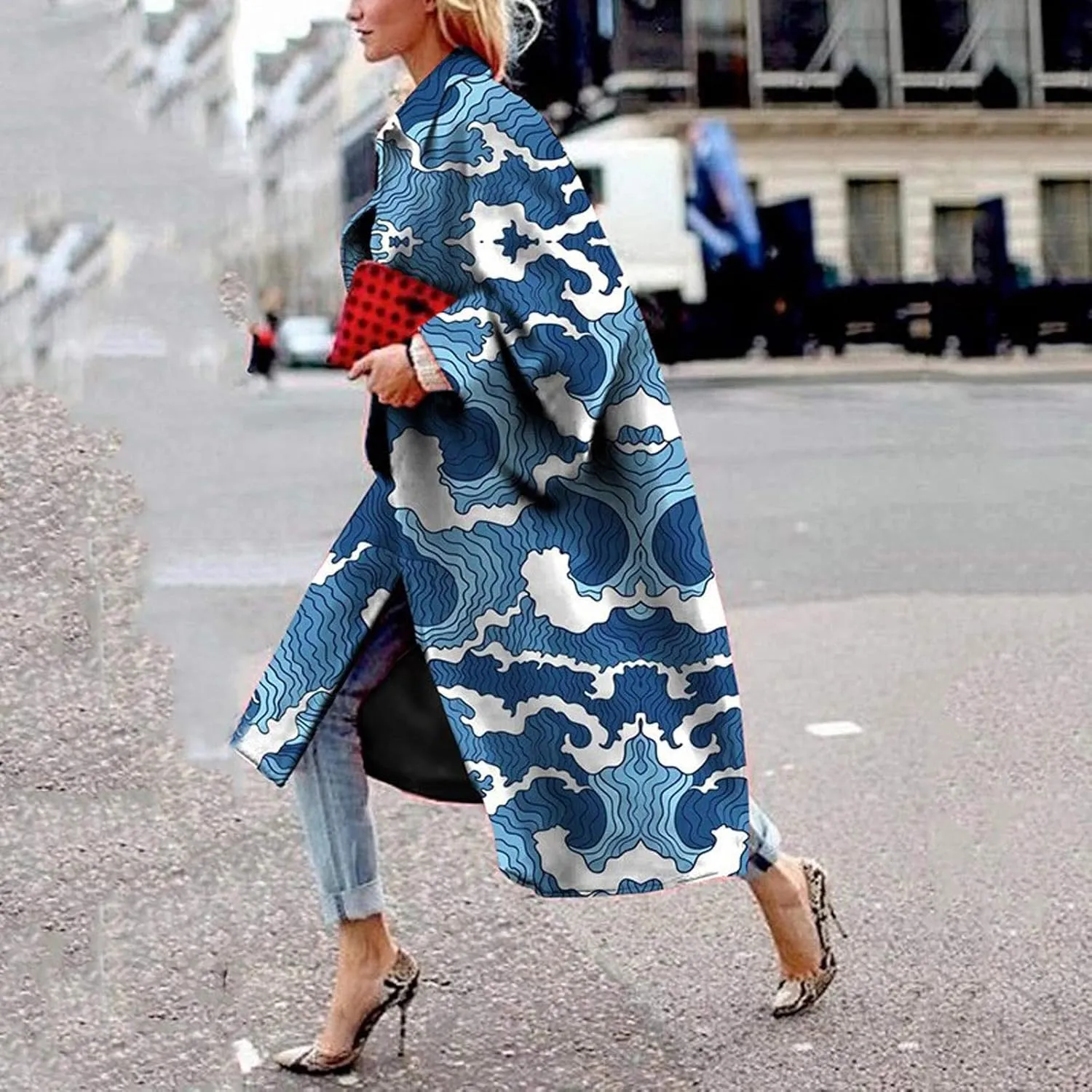 Womens Oversized Trench Coat Fall Winter Trendy Loose Fit Overcoat Bell Sleeve Casual Notch Collar Printed Long Coat