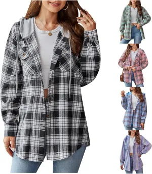 Womens Plaid Hooded Jacket Oversized Long Sleeve Button Down Flannel Shirts Boyfriend Casual Blouse Tops