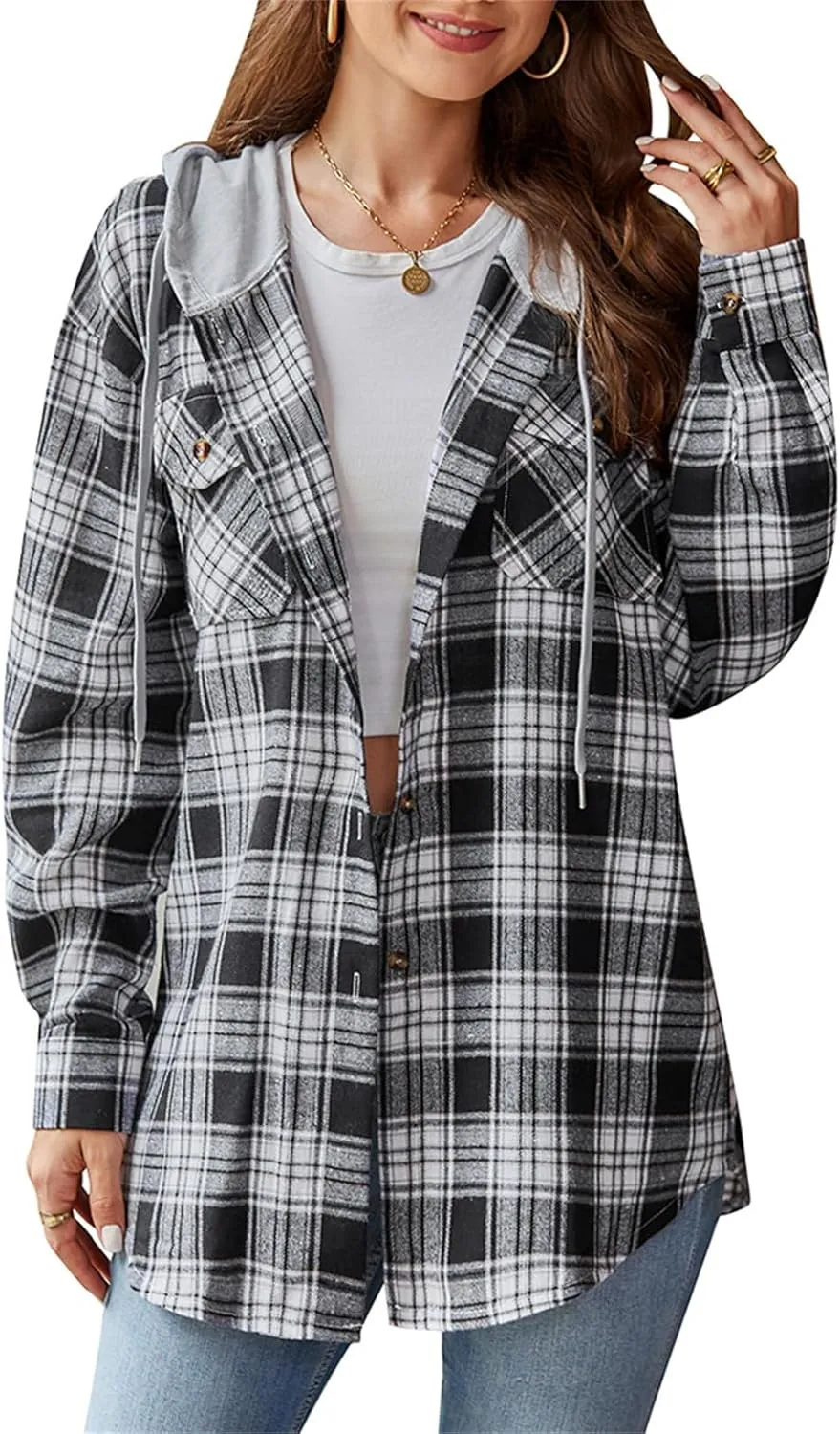 Womens Plaid Hooded Jacket Oversized Long Sleeve Button Down Flannel Shirts Boyfriend Casual Blouse Tops