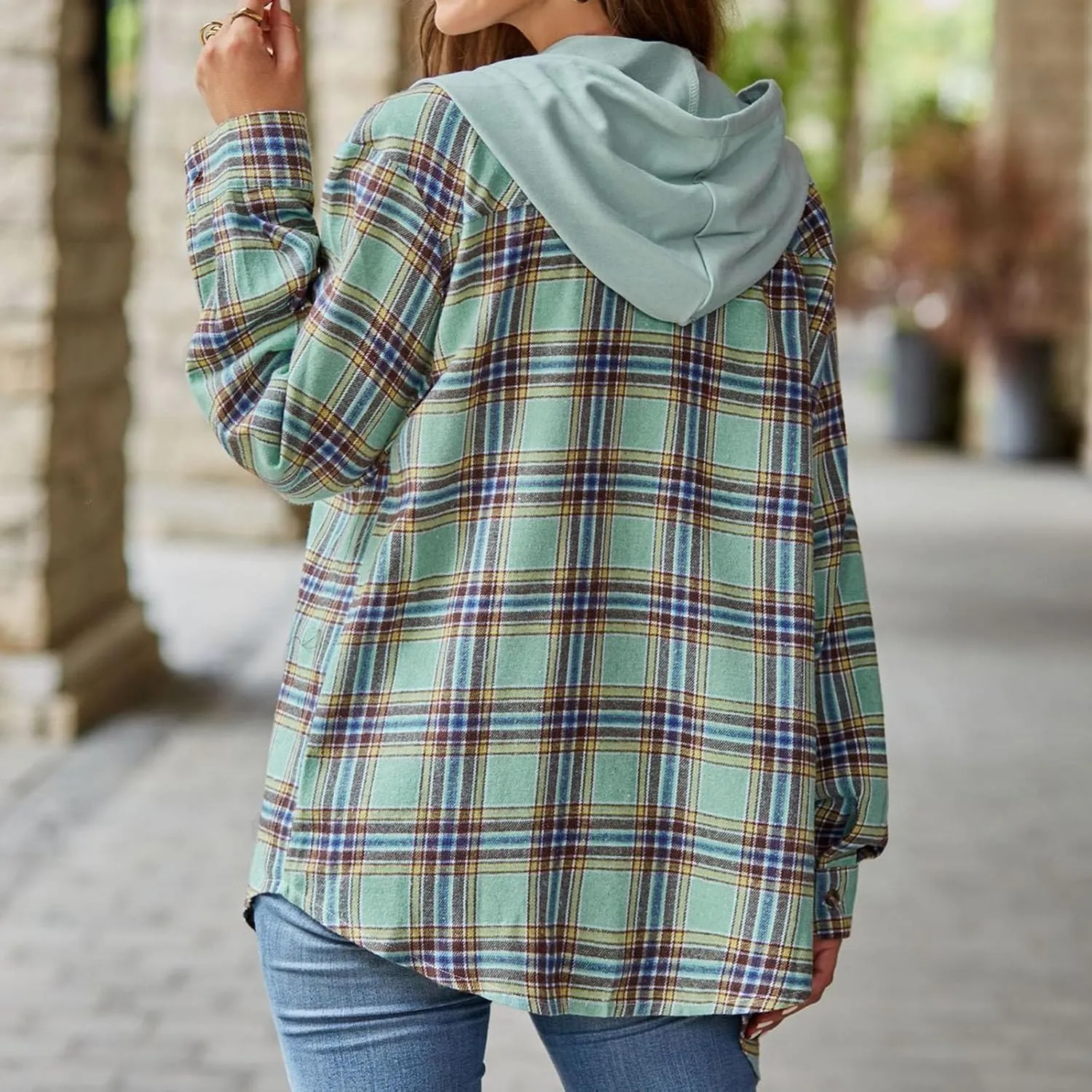 Womens Plaid Hooded Jacket Oversized Long Sleeve Button Down Flannel Shirts Boyfriend Casual Blouse Tops