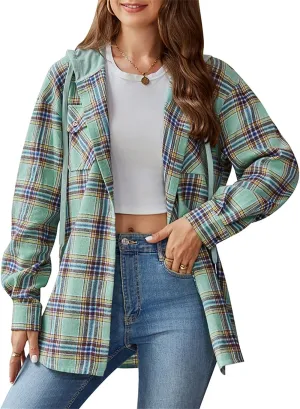 Womens Plaid Hooded Jacket Oversized Long Sleeve Button Down Flannel Shirts Boyfriend Casual Blouse Tops